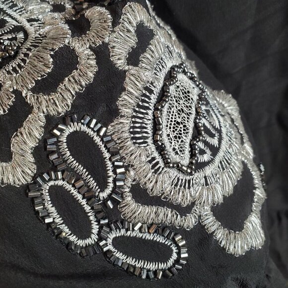 Vintage Cache Blouse Womens Small Silk Black Silver Embroidery Peplum 3/4 Sleeve - Picture 14 of 15